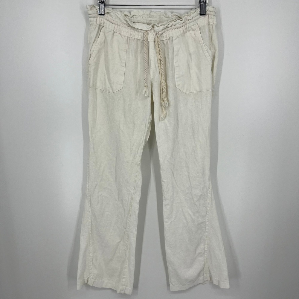 Roxy Womens White Linen Blend Paperbag Waist Drawstring Pants Medium